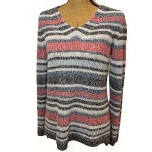 L.L. Bean 100% Cotton V-Neck Knit Sweater Striped Comfy Size Medium